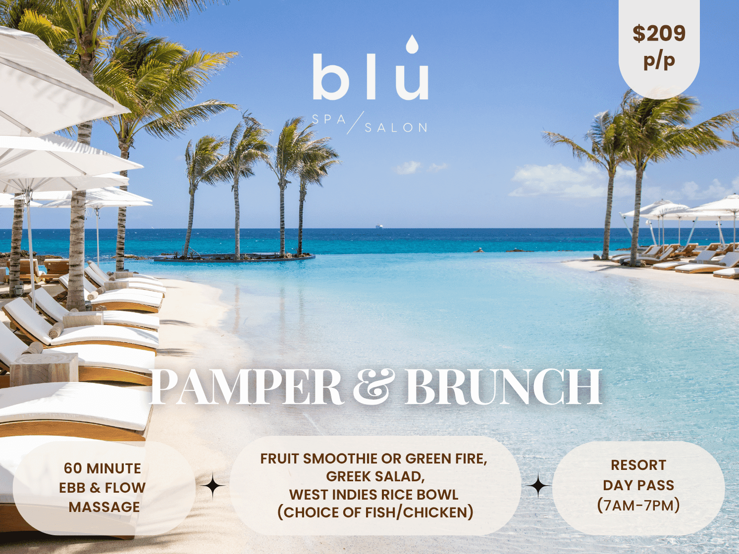 Pamper & Brunch promotion at Blu Spa with a massage, salad, and resort day pass at The Morgan Resort Spa Village